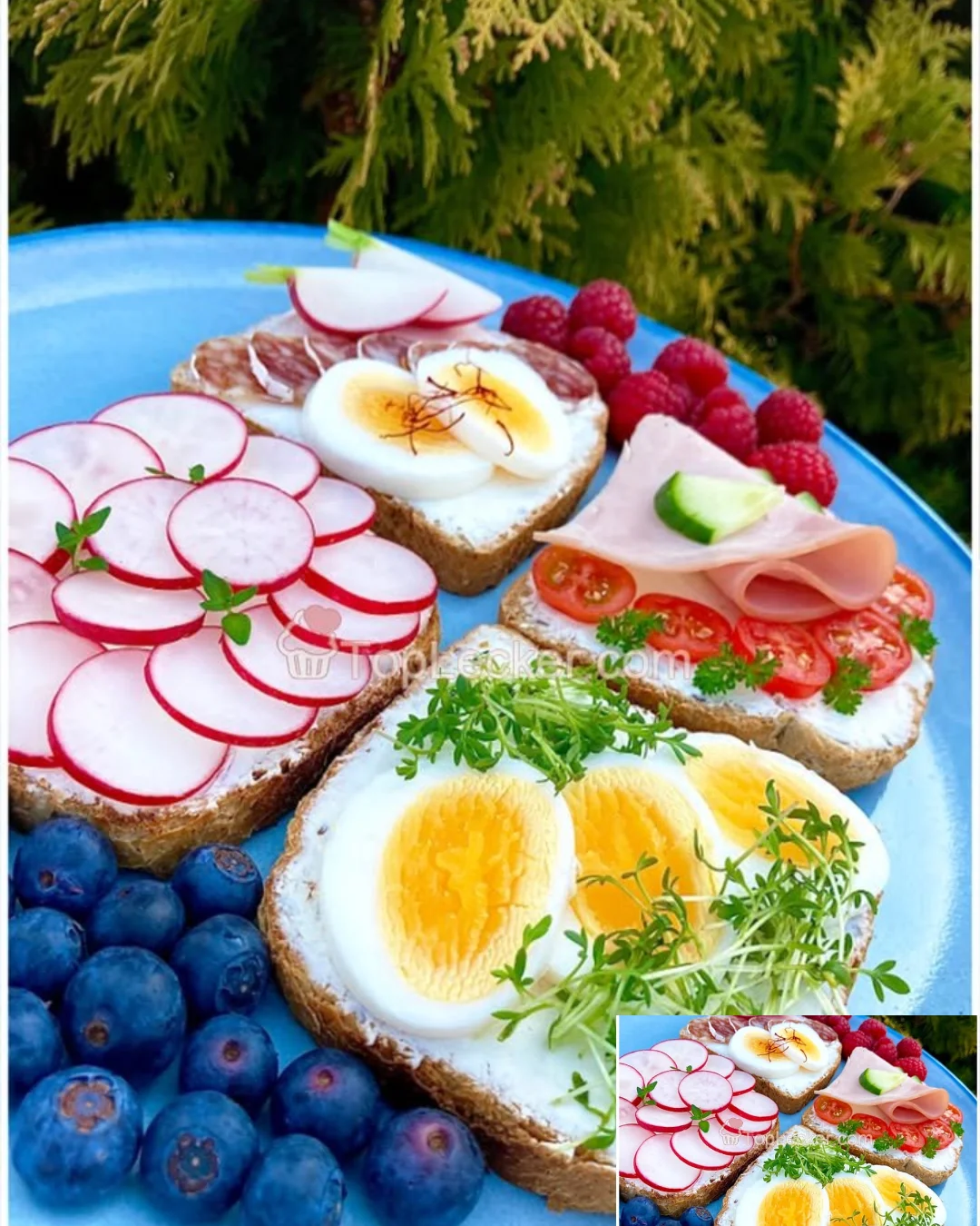 Vollkornbrot mit Frischkäse, Ei und Gemüse auf einem Holzbrett serviert