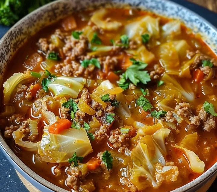 Wirsing-Hackfleisch-Eintopf in einer Schüssel serviert mit frischen Kräutern