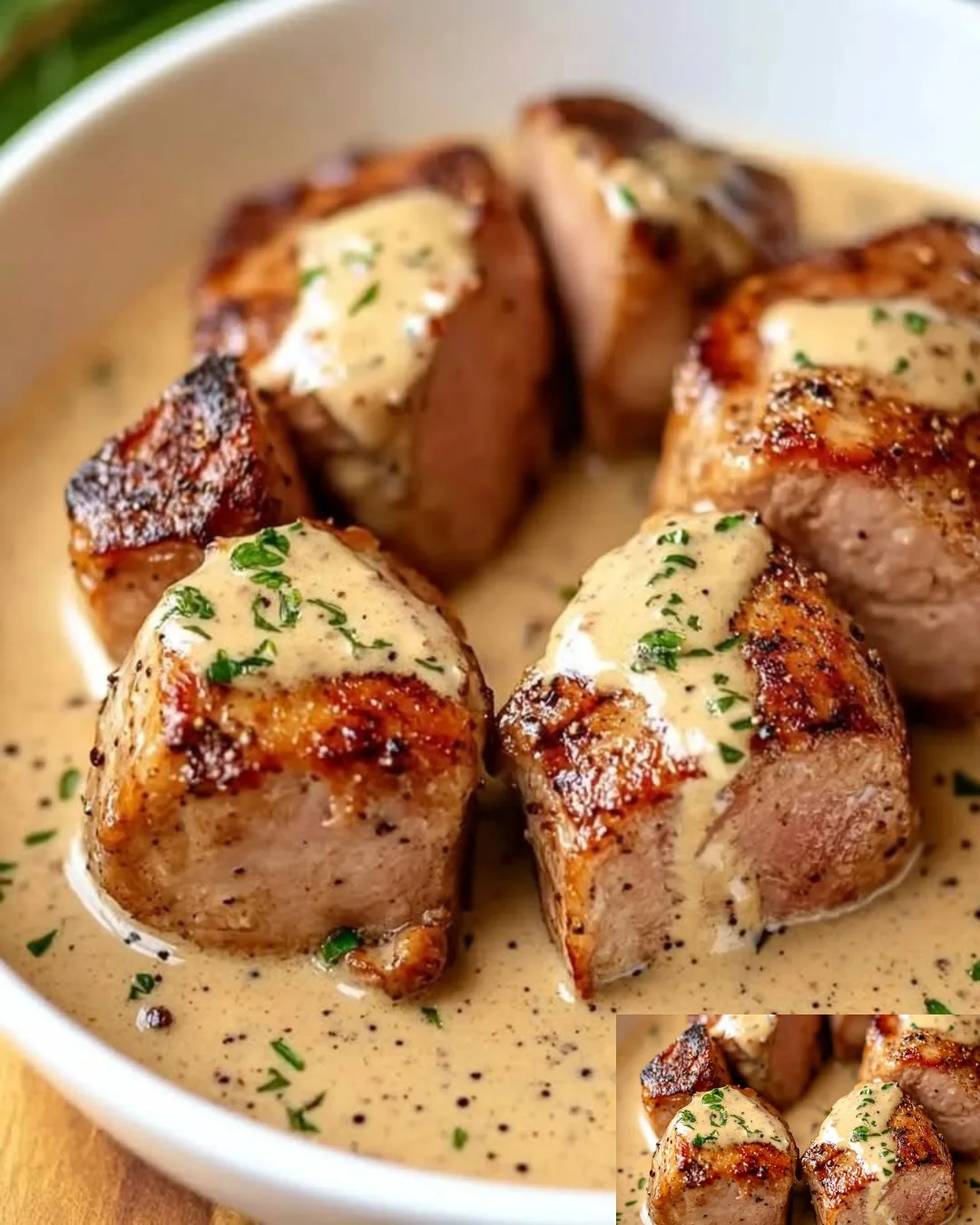 Zarte Schweinemedaillons in Senfrahmsoße serviert auf einem Teller