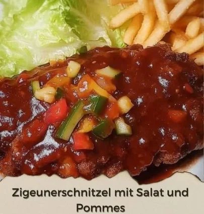 Zigeunerschnitzel mit Salat und Pommes