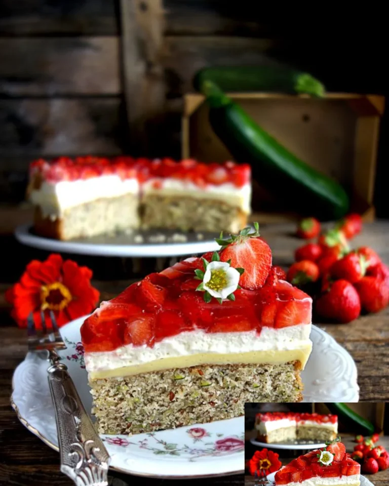 Zucchini-Erdbeerkuchen mit Pudding und Schlagsahne auf einem Tisch serviert