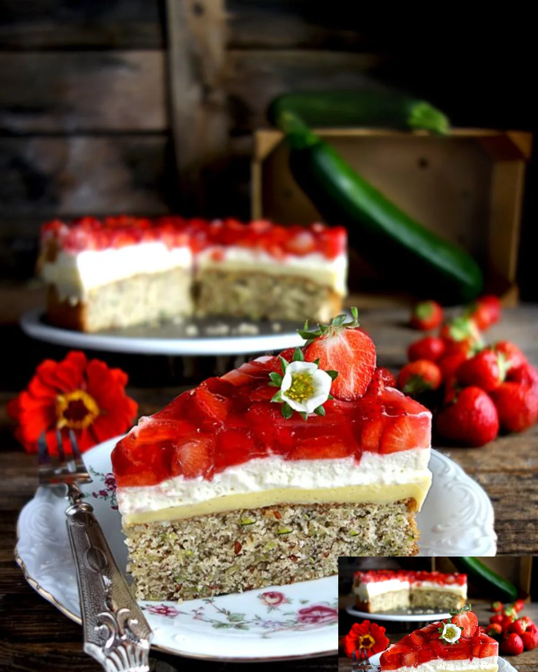 Zucchini-Erdbeerkuchen mit Pudding und Schlagsahne