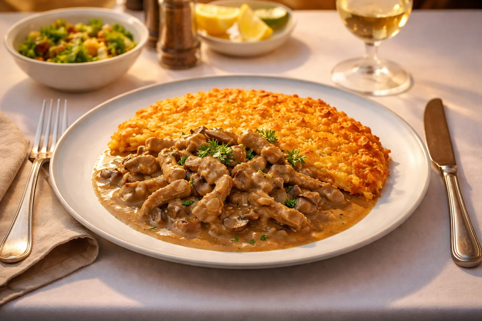 Zürcher Geschnetzeltes – Zartes Kalbfleisch in Rahmsauce, serviert mit Rösti. Perfekt für ein deftiges Schweizer Menü.