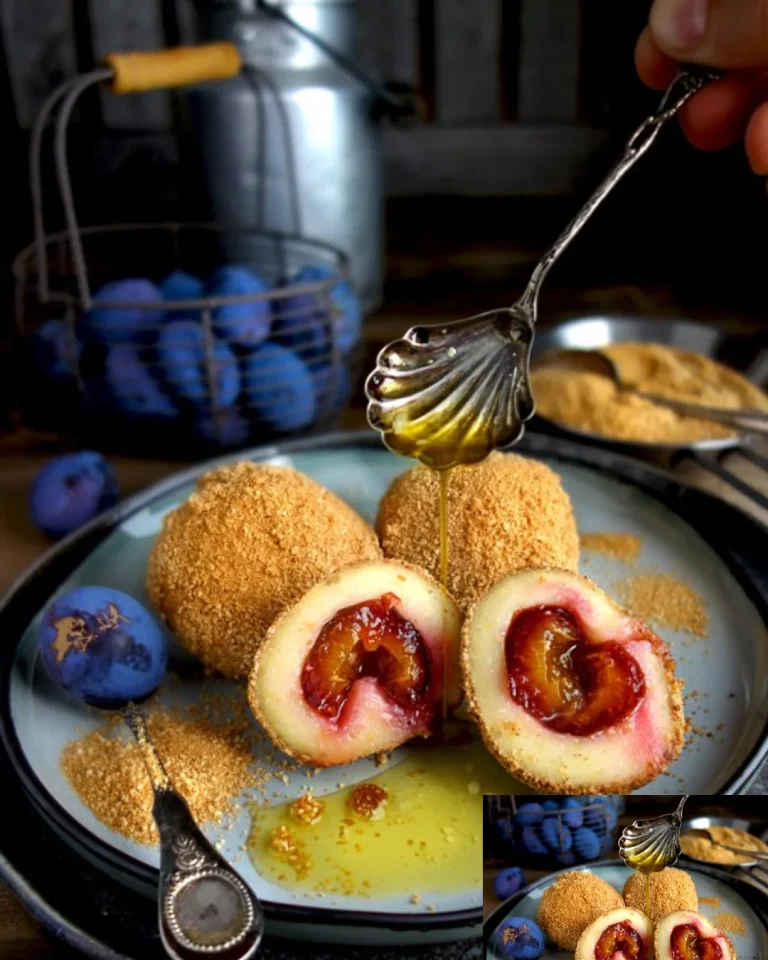 Hausgemachte Zwetschgenknödel mit Pflaumenfüllung serviert.