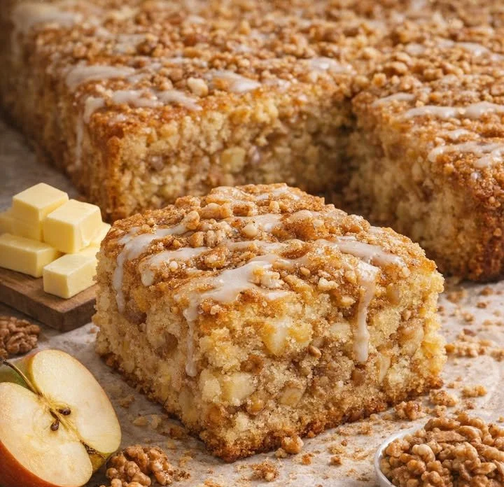 Leckere Scheibe Apfel Nusskuchen mit Äpfeln und Nüssen auf einem Teller.