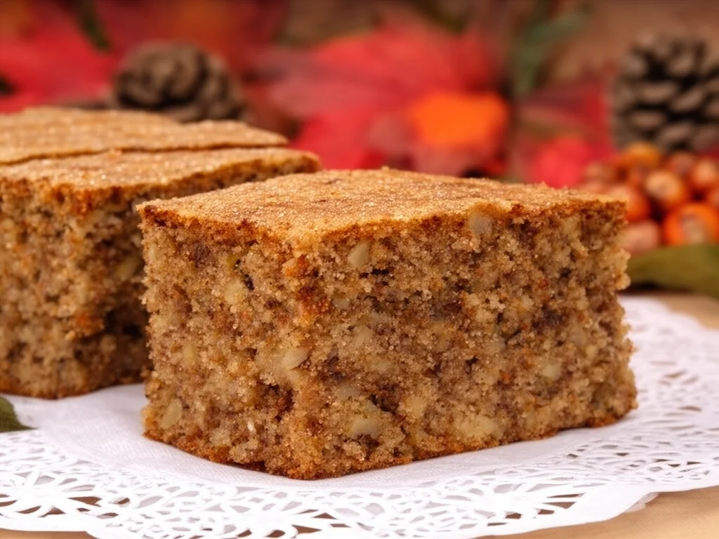 Leckerer Apfel-Walnuss-Rührkuchen mit Äpfeln und Walnüssen auf einem Kuchenteller.
