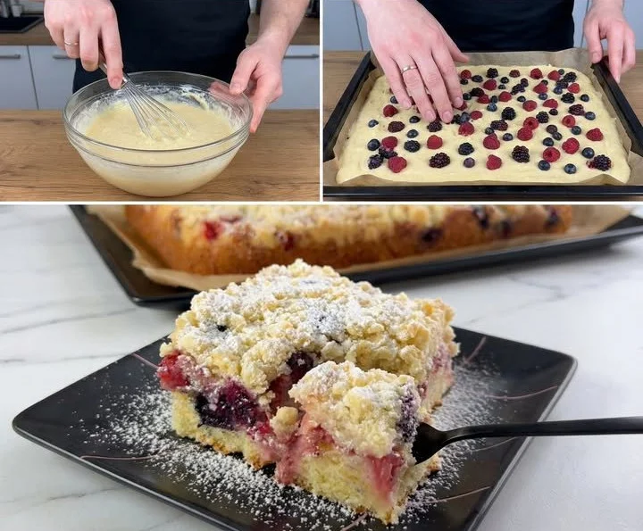 Beeren Streuselkuchen mit frischen Beeren und Streuseln auf einem rustikalen Tisch