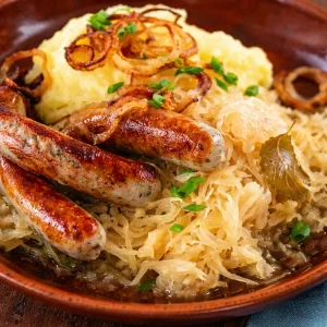 Heerlijke Bratwurst mit Sauerkraut geserveerd met aardappelpuree.