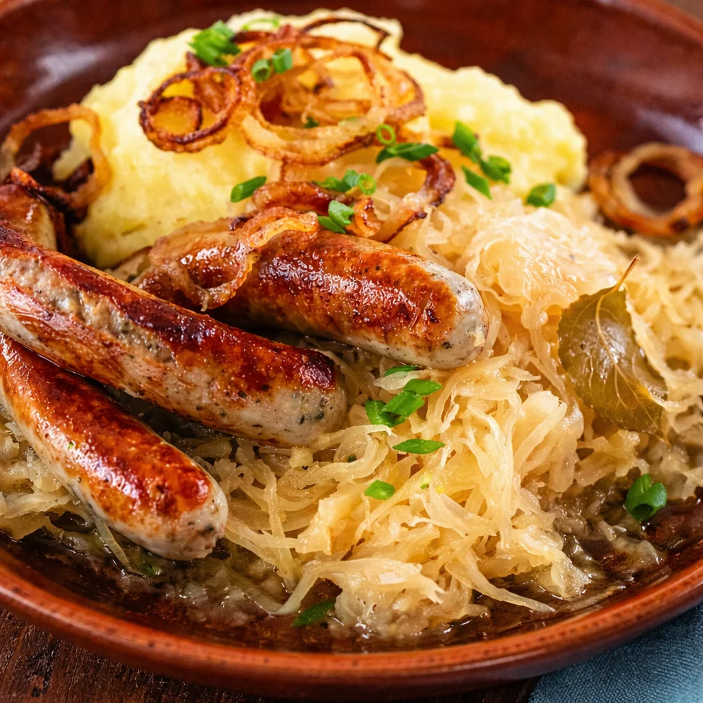 Heerlijke Bratwurst mit Sauerkraut geserveerd met aardappelpuree.