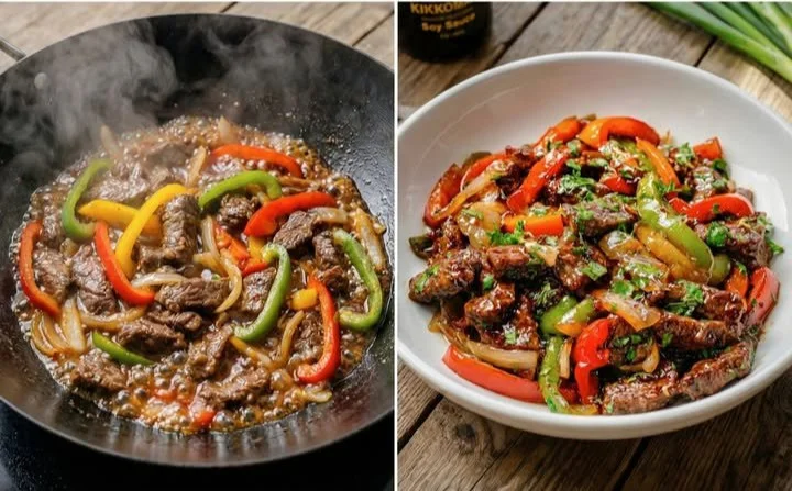 Chinesisches Rindfleisch mit Paprika auf einem Teller serviert