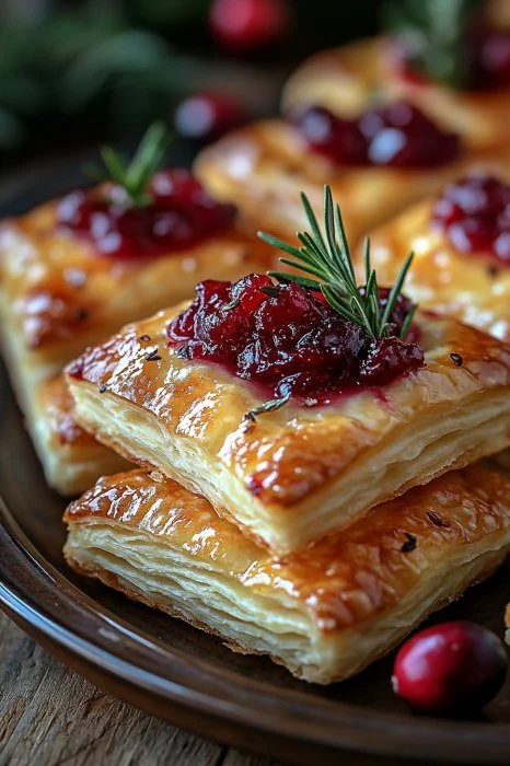 Cranberry Brie Häppchen auf einem eleganten Servierteller