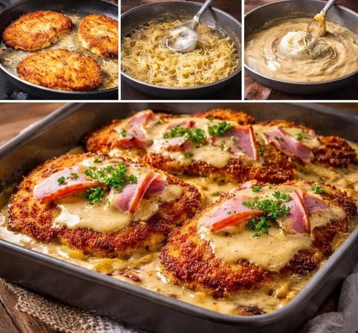 Zartes Elsässer Schnitzel mit einer leckeren Käsekruste serviert.