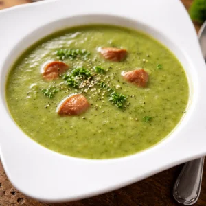 Heerlijke Erbsensuppe mit Würstchen met groenten en kruiden in een kom.