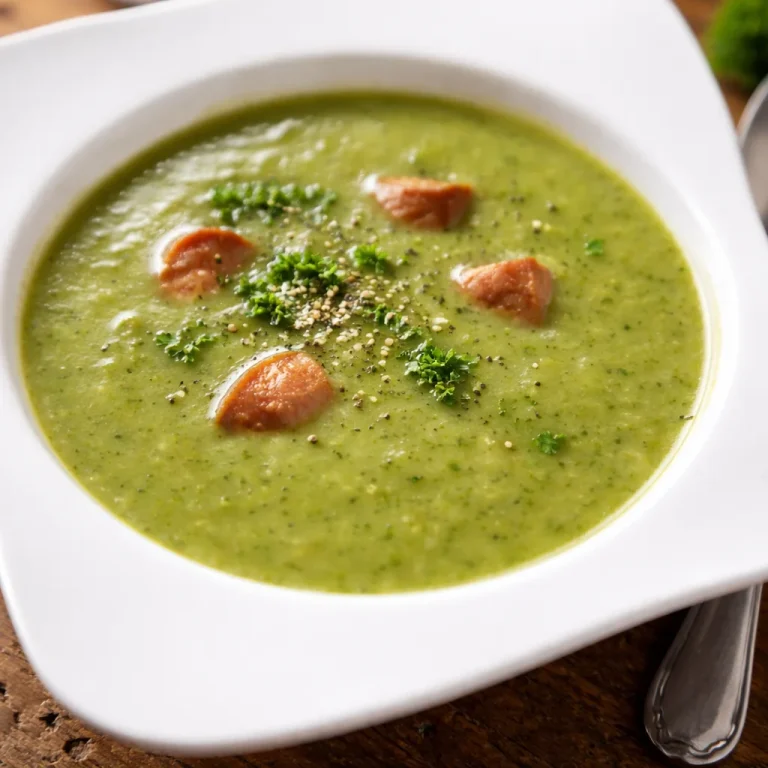 Heerlijke Erbsensuppe mit Würstchen met groenten en kruiden in een kom.