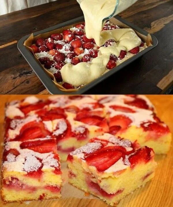 Saftiger Erdbeerkuchen mit frischen Erdbeeren und Sahne