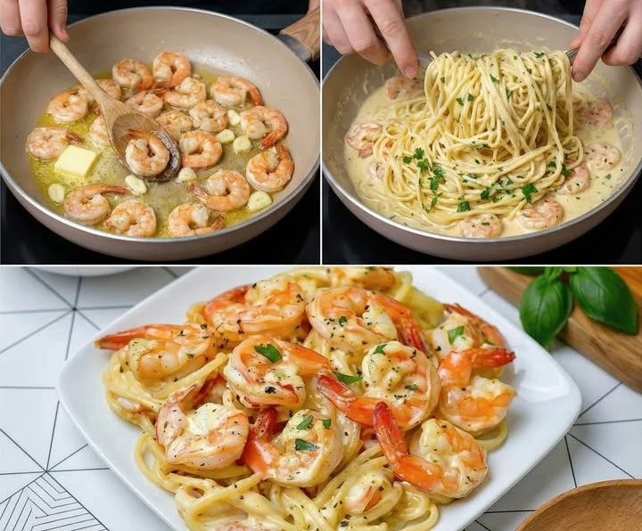 Teller mit Garnelen-Spaghetti in cremiger Knoblauch-Frischkäsesauce