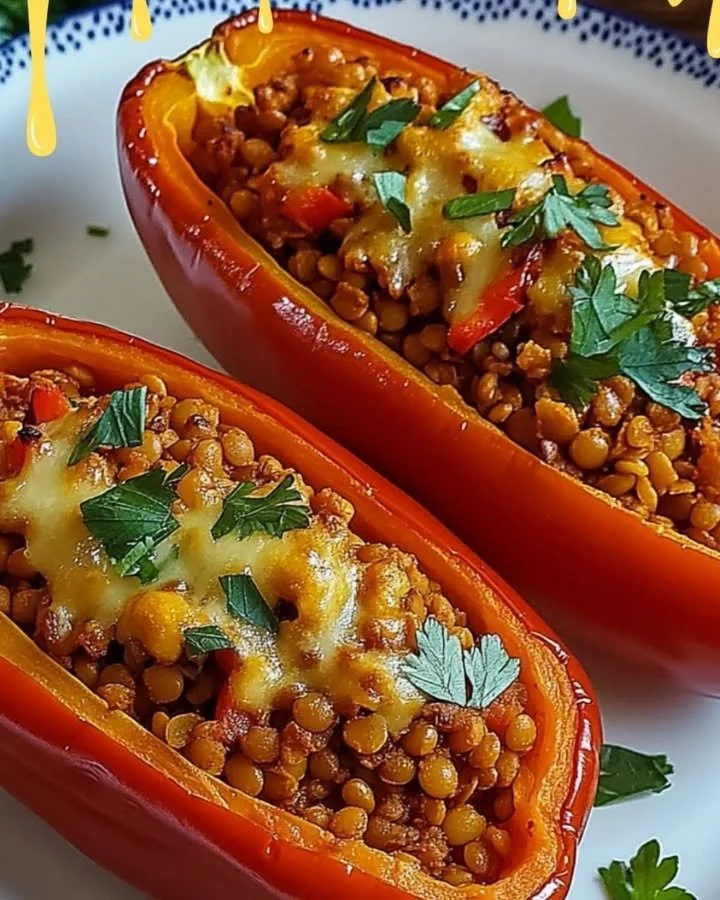 Gefüllte Spitzpaprika mit roten Linsen und Feta auf einem Teller serviert