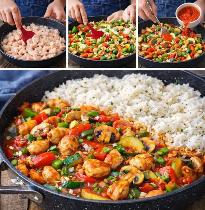 Bunte Gemüsepfanne mit Hühnchen auf einem Teller