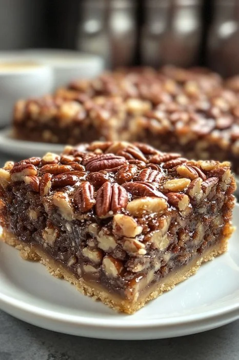 Nahrhafte gesalzene Ahorn-Pekannuss-Pie-Riegel auf einem rustikalen Holzbrett