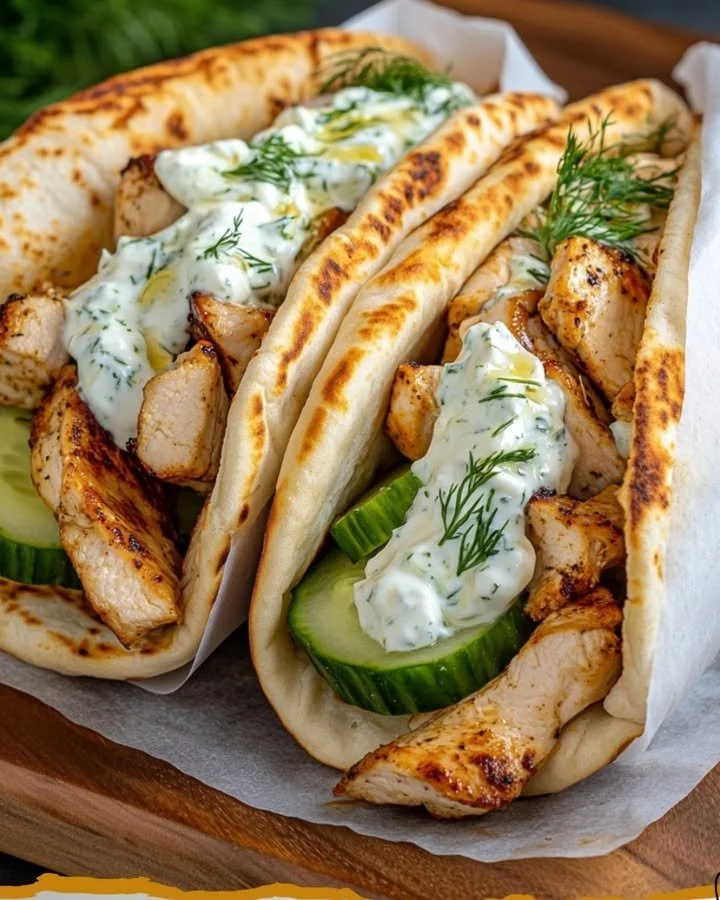 Hähnchen-Gyros mit Feta-Tzatziki-Sauce auf einem Teller serviert