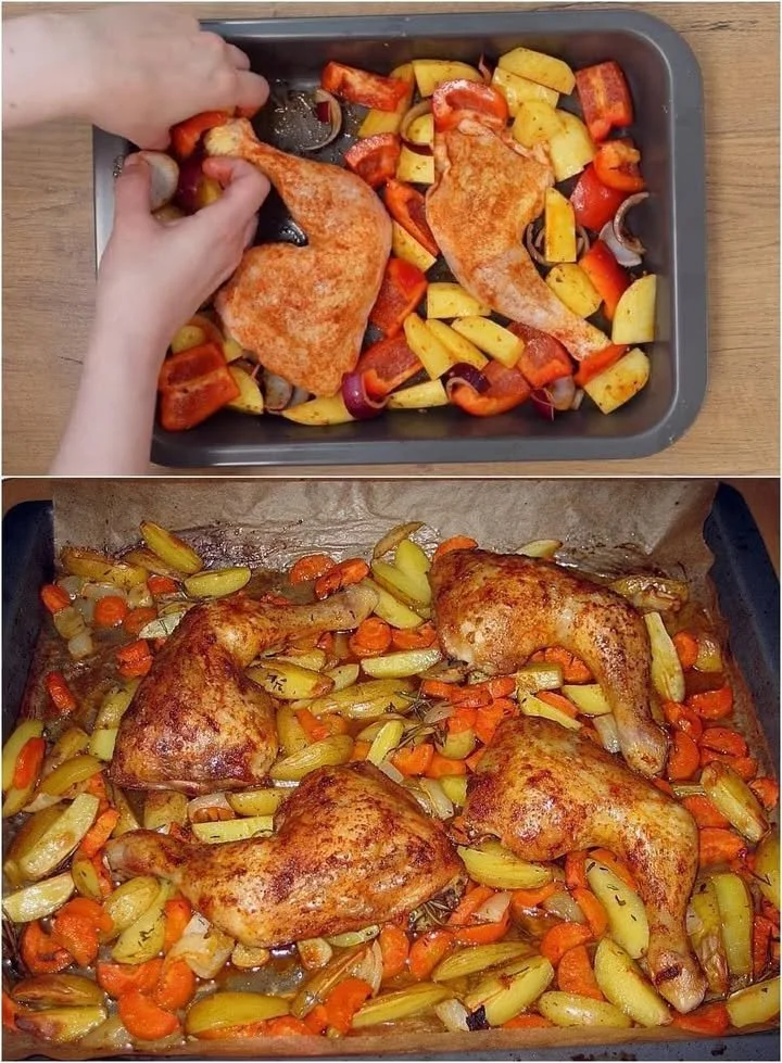 Hähnchenschenkel mit leckerem Ofen-Schmand-Gemüse zubereitet