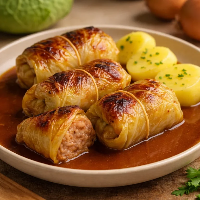 Duitse Kohlrouladen gevuld met gehakt en geserveerd met een pittige jus.