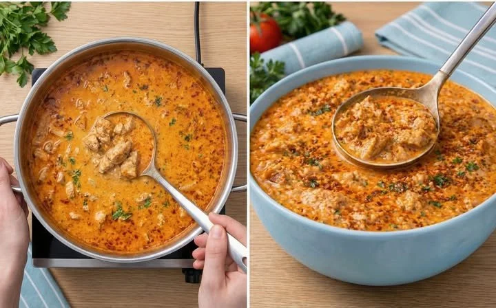 Schüssel Hexensuppe mit frischen Kräutern und Gemüse vor magischem Hintergrund