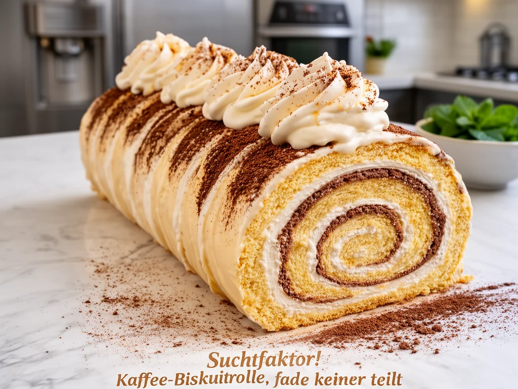 Leckere Kaffee-Biskuitrolle mit Sahnefüllung und Kaffeegeschmack