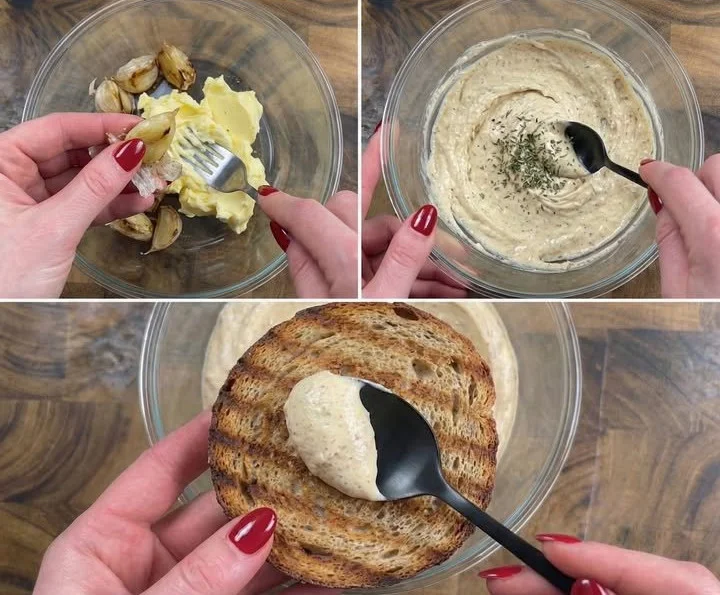 Karamellisierte Knoblauch-Butter in einer Schüssel, ideal für verschiedene Gerichte.