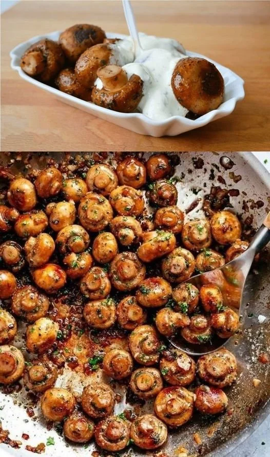 Leckere Knoblauch Champignons in einer Pfanne zubereitet