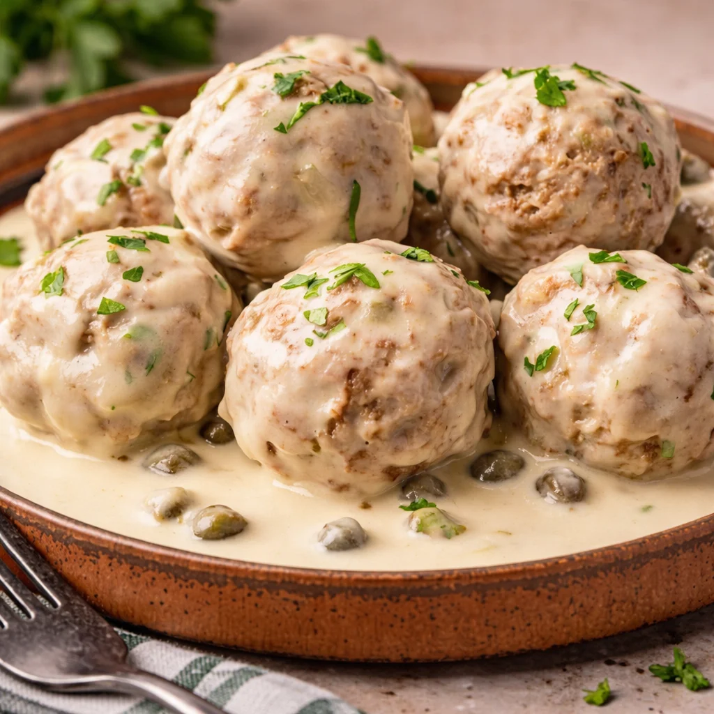 Königsberger Klopse, Duitse gehaktballen in romige kappertjes saus, geserveerd met aardappelen.