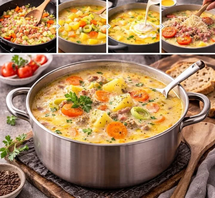 Eine Schüssel leckerste Kartoffelsuppe mit frischen Kräutern garniert.