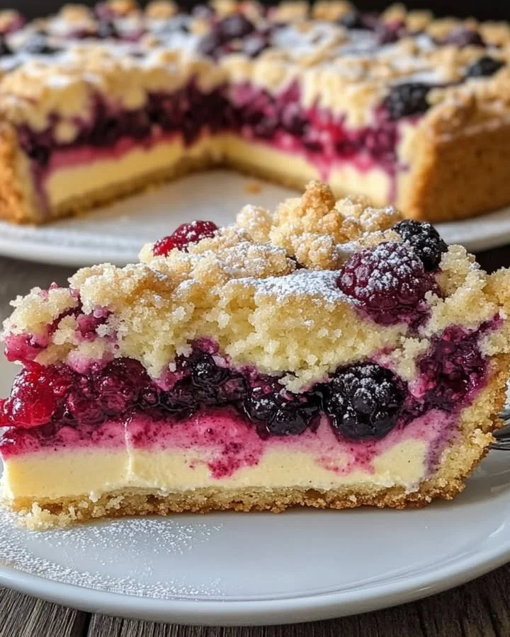 Mürbeteigkuchen mit Vanillepudding, Früchten und Streuseln auf einem Teller