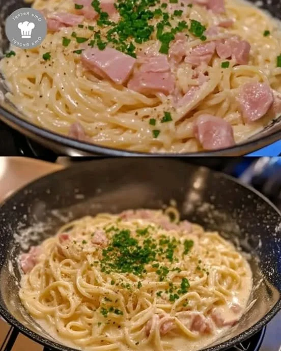 Omas Spaghetti Carbonara mit cremiger Sauce und Speck auf einem Teller serviert