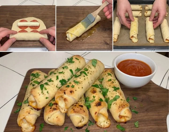 Leckere Pepperoni-Pizza-Käse-Sticks auf einem Teller serviert.