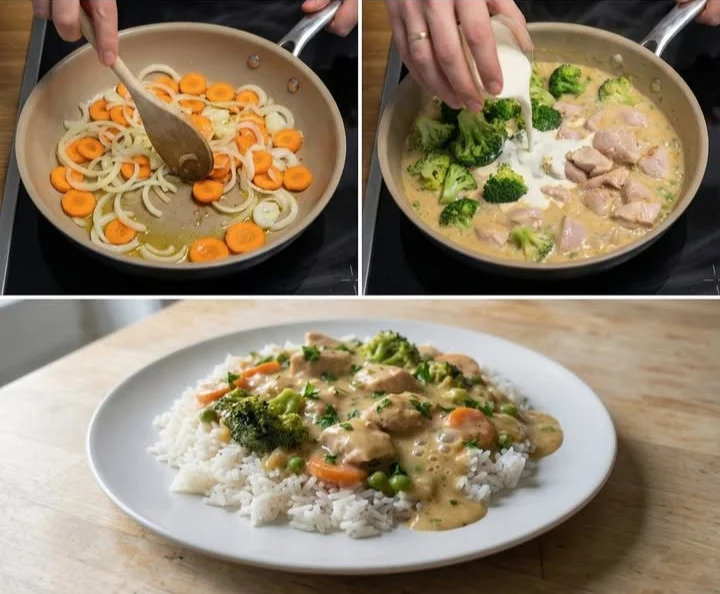 Gekochter Reis mit bunter Gemüse-Frischkäse-Sauce auf einem Teller