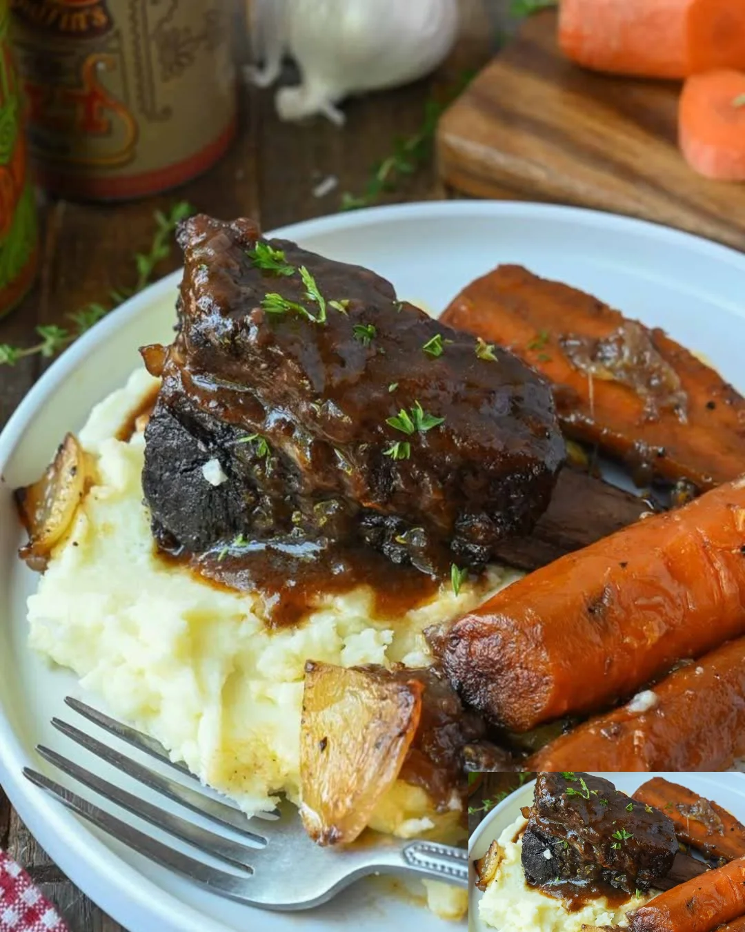 Rinderkürzereben in köstlicher Rotweinsauce serviert auf einem Teller