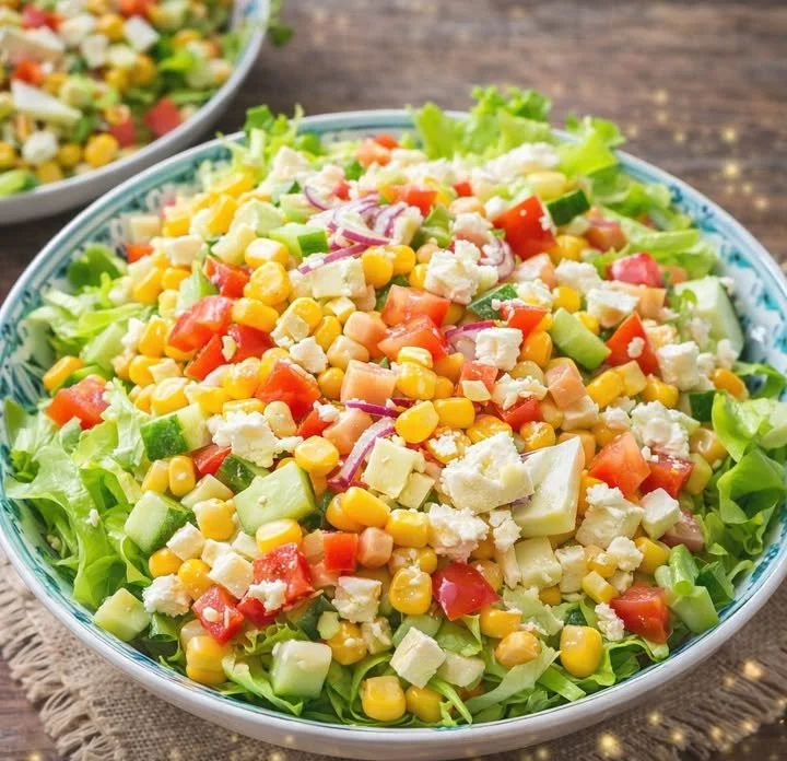 Bunter Salat mit frischem Gemüse und Dressing auf einem Teller.