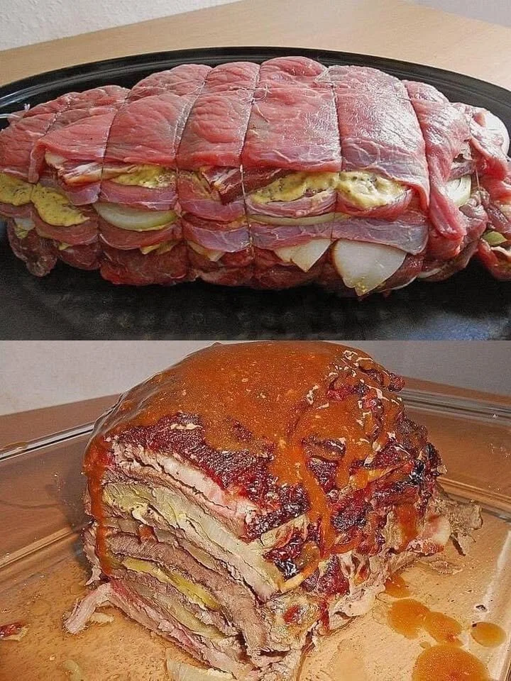 Schichtbraten in Senfsauce, zartes Fleisch in würziger Sauce serviert