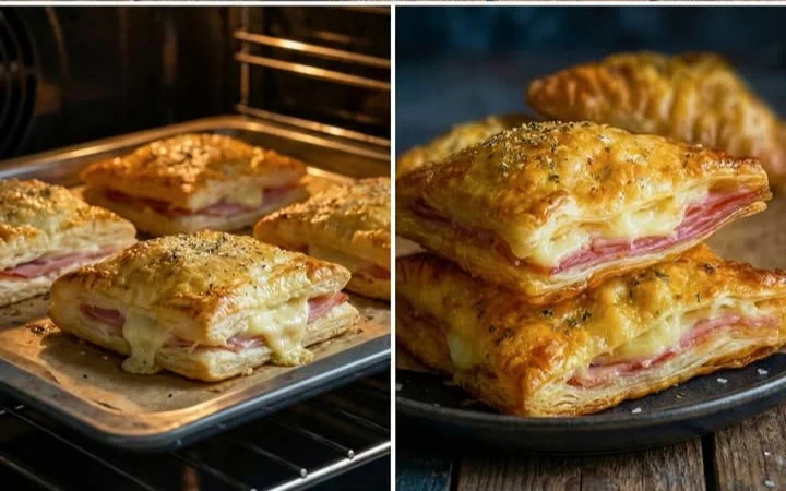 Leckere Schinken-Käse-Taschen, zubereitet im Airfryer, goldbraun und knusprig.