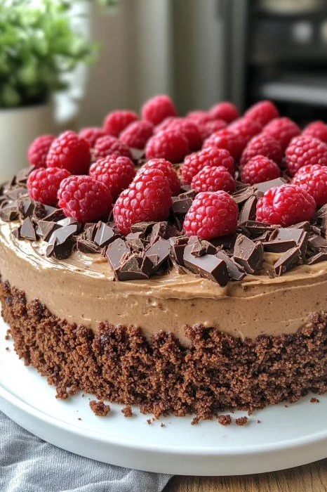 Schokoladen-Himbeer-Mousse-Kuchen auf einem eleganten Teller serviert.