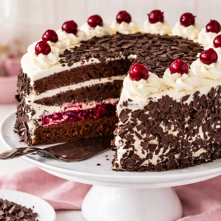 Authentieke Schwarzwälder Kirschtorte met chocoladelaagjes en kersen.