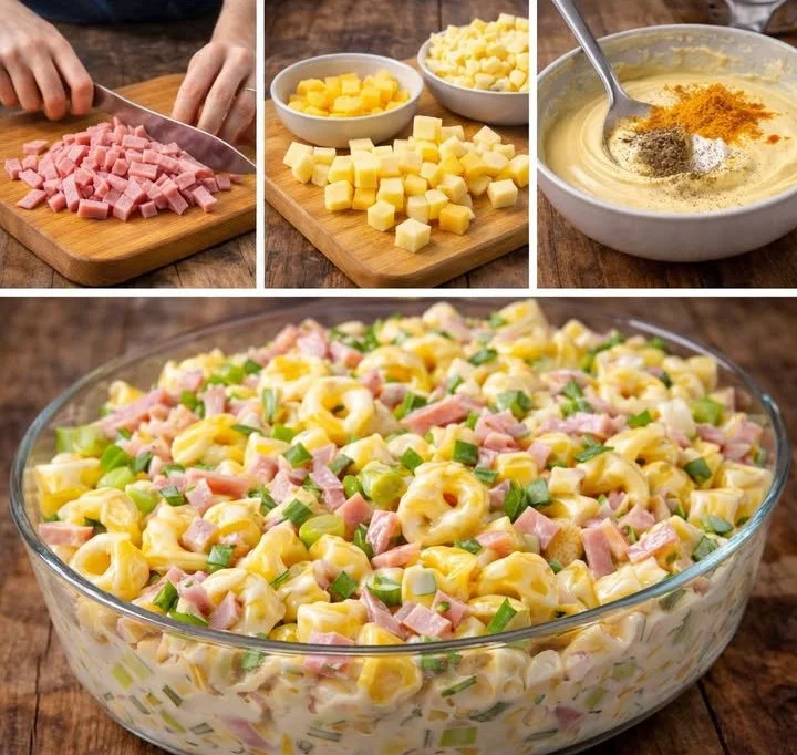 Leckere Tortellinisalat mit Gemüse und Dressing für eine gesunde Mahlzeit.