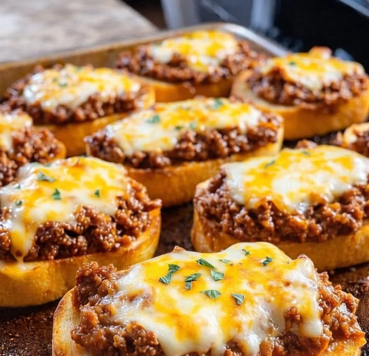 Überbackene Hackfleischbrötchen mit Käse und Gewürzen überzogen