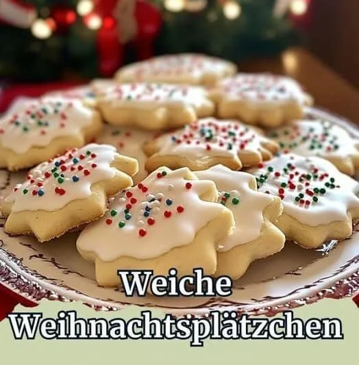 Weiche Weihnachtsplätzchen auf einem Teller dekoriert für die Festtage.