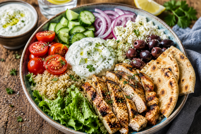 Griechische Bowl mit Hähnchen, Tzatziki und Fladenbrot
