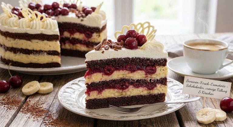 🍌🍒 Bananen-Kirsch-Cremetorte mit Schokolade – cremig, fruchtig & schokoladig