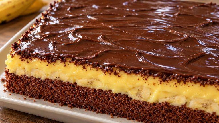 Bananenkuchen mit Vanillepudding und Schokoguss