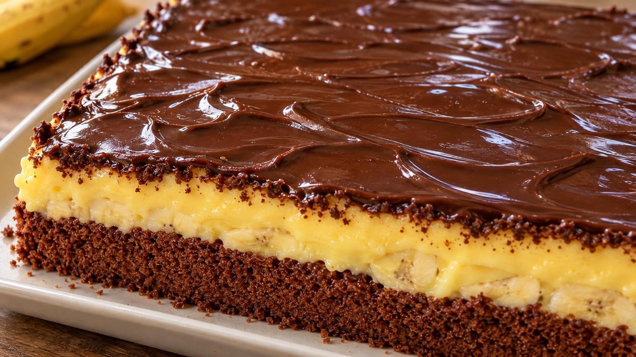 Bananenkuchen mit Vanillepudding und Schokoguss