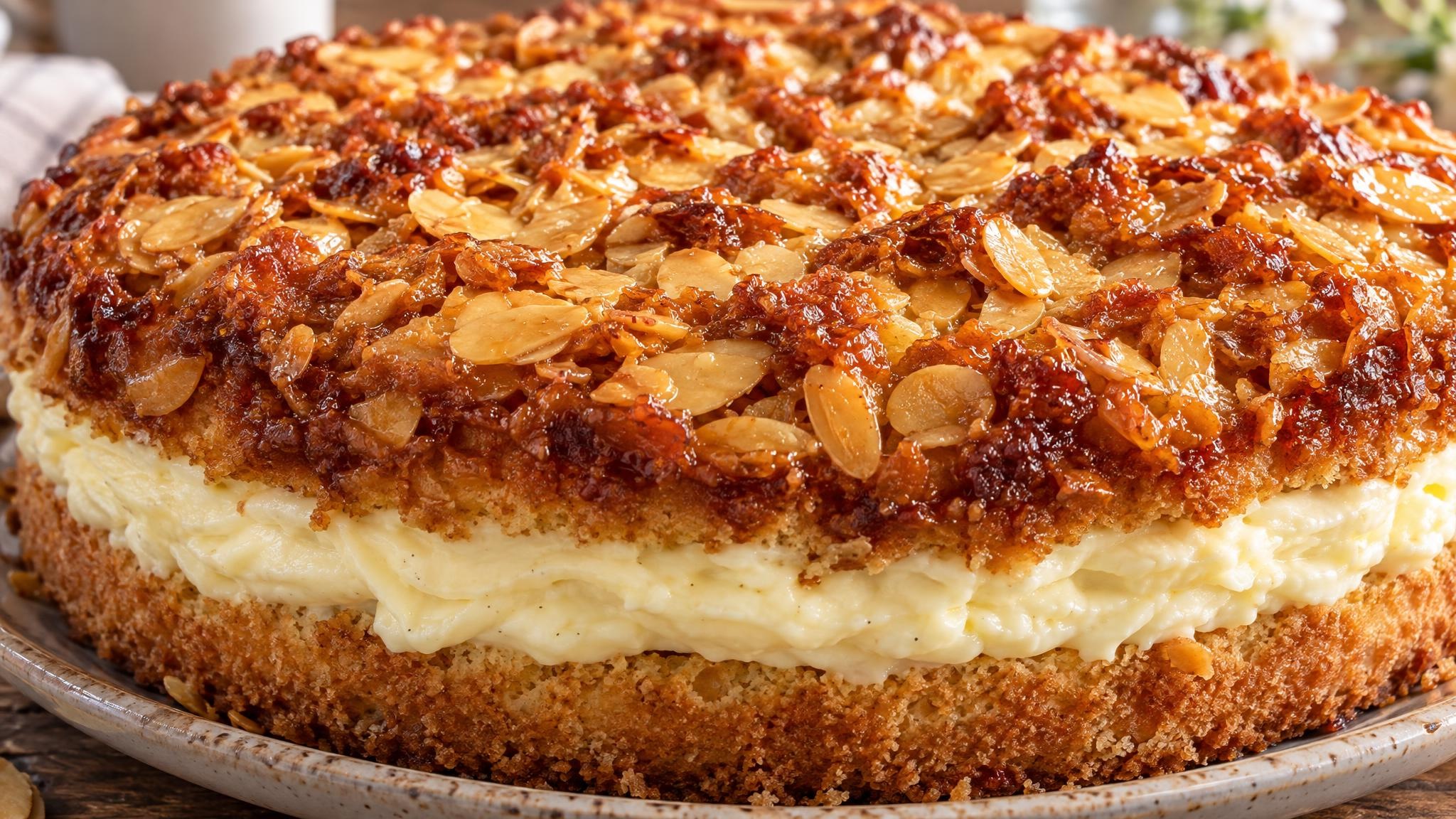 Bienenstich mit Quark-Öl-Teig und Puddingcreme